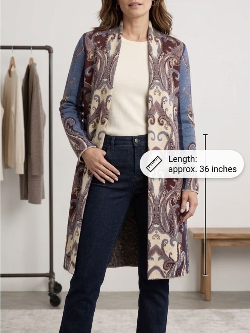 Chico's Paisley Knit Longline Cardigan Duster Sweater Blue Burgundy Size 3P